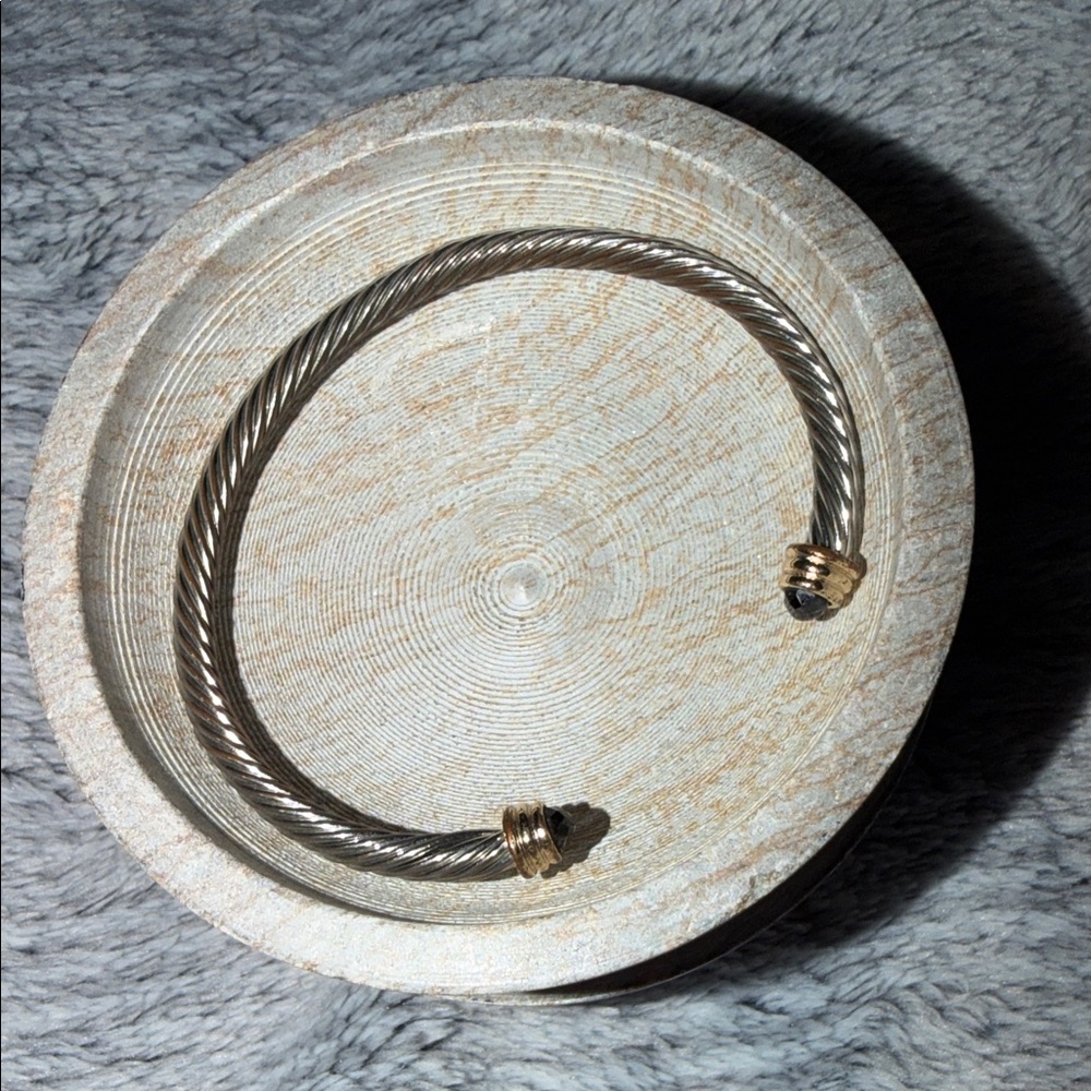 Twisted Cable Open Cuff Bracelet with Black Stone Tips
